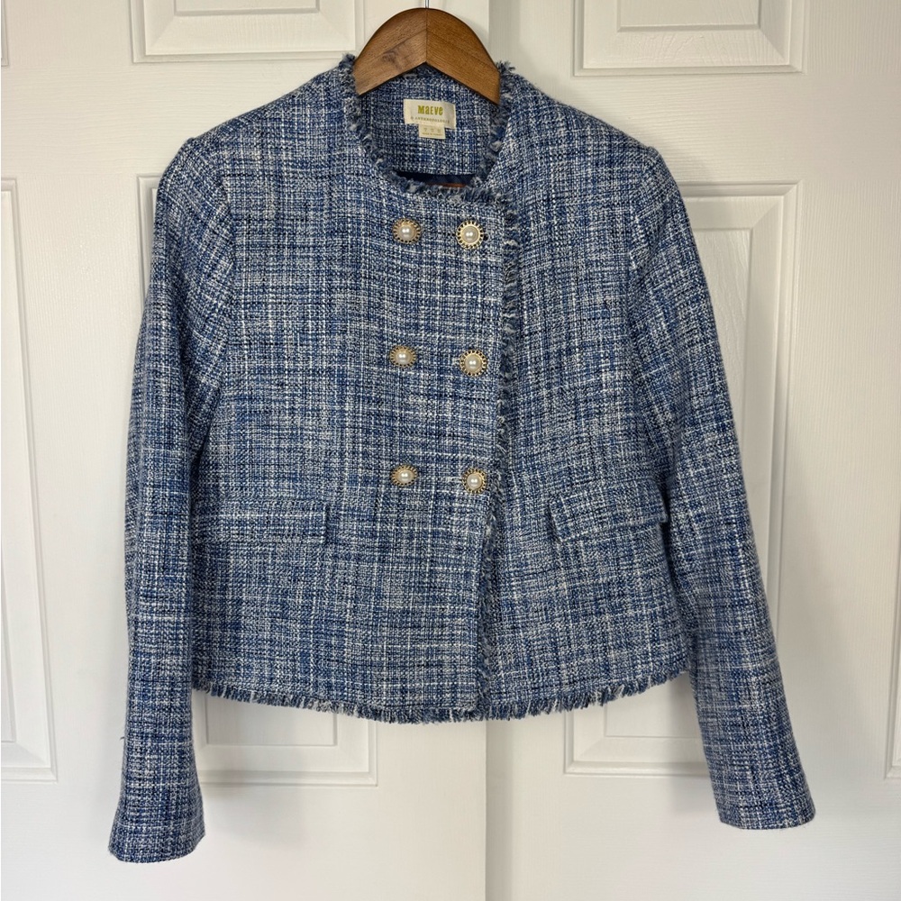 Anthropologie Maeve Sz 8 Double Breasted Tweed Lined Jacket Blazer Blue/White
